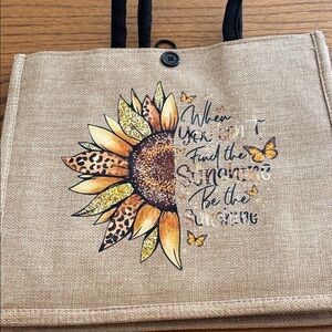 Sunflower Print Jute Tote Bag - Beige